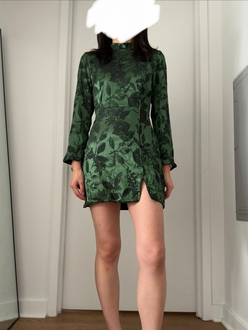 ZARA Green Jacquard High Collar Mini Dres